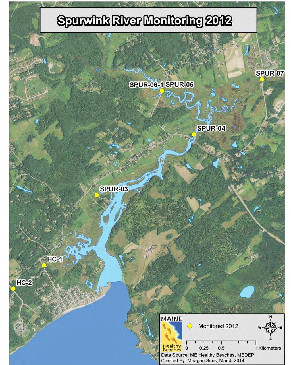 212 Enhanced Monitoring In 212, 21 Enterococci and optical brightener samples were analyzed at 7 sites in the Spurwink River watershed keeping in mind ease of accessibility and avoidance of private