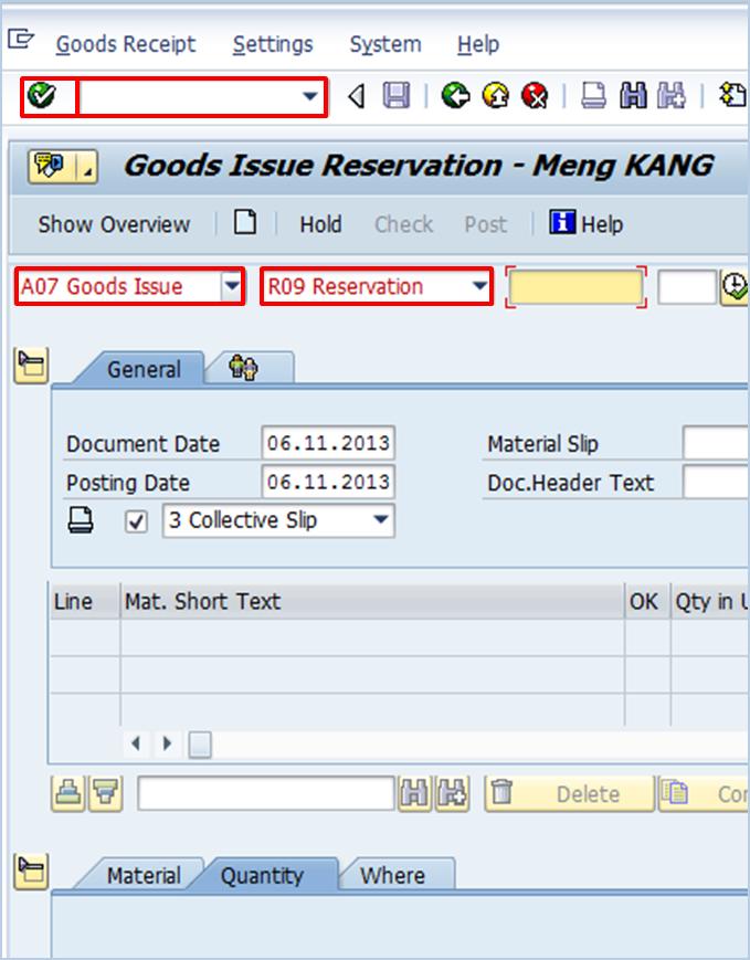 Module 3: Executing the Goods Issue Process The Inventory follows the steps below to perform the Goods Issue: 1. Enter MIGO in the Command field 2. Click the Enter icon.
