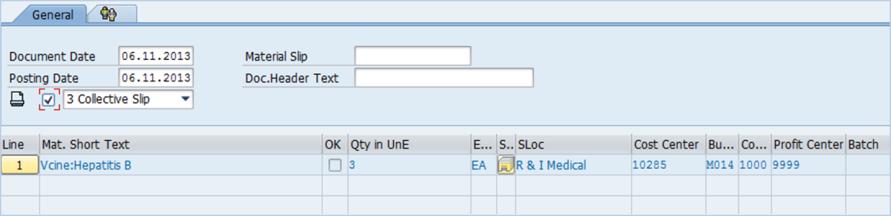 Module 3: Executing the Goods Issue Process Goods Issue Screen Layout The Goods Issue screen header is organized into the following tabs and sections: General tab: - Document Date: The date of the