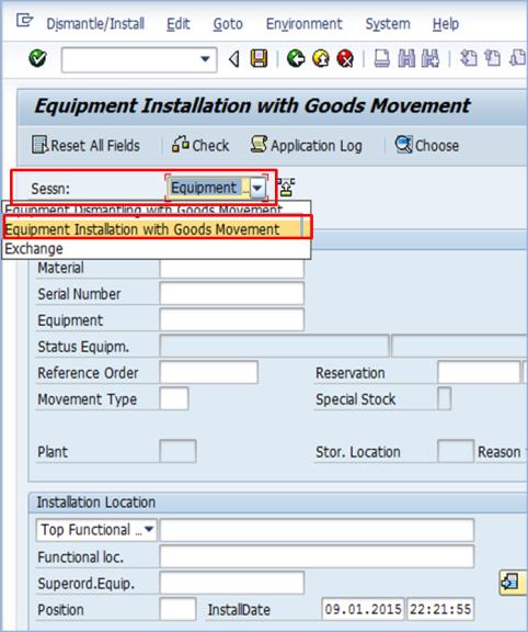 Module 3: Executing the Goods Issue Process 2. The Equipment Installation with Goods Movement screen is displayed 3. Click the Sessn: drop-down menu list 4.