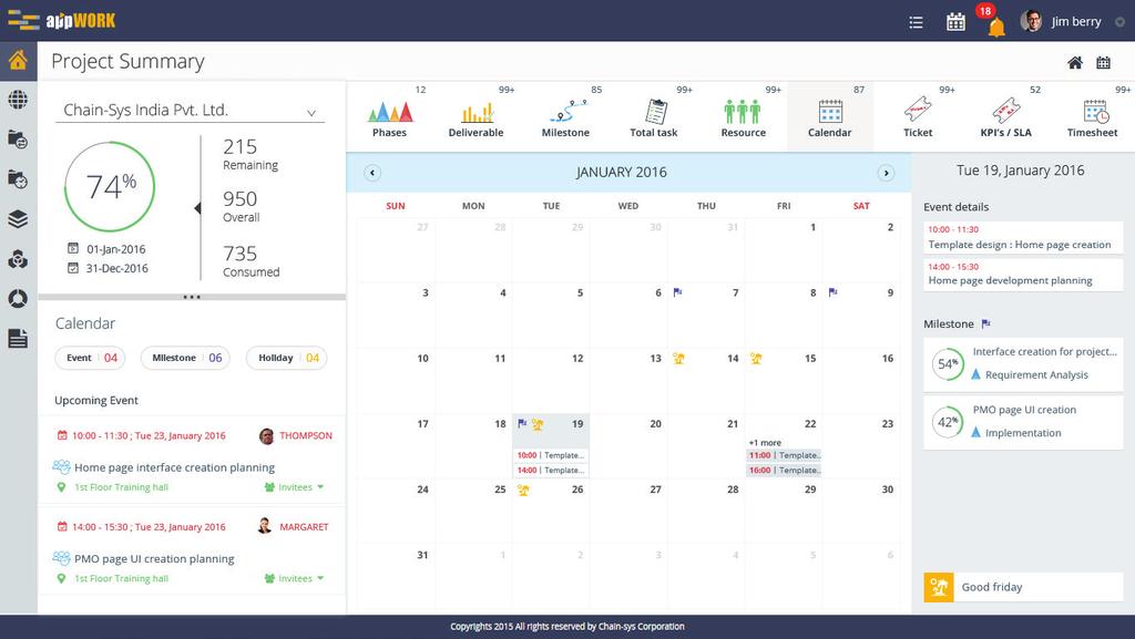 Resource allocation File attachment Dependency attachment Timesheet details/approval Create Meetings Resource Rating The appwork Calendar will provide dynamic and real time information to the users