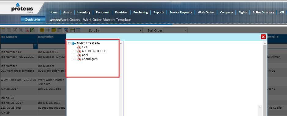Select the created work order masters template and click the Copy icon, a window will open, opting