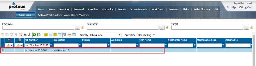 Step 5. Go to the work order master and search for the job number that you have given in the work order masters template at creation time.