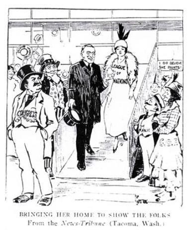 This cartoon was drawn after Wilson returned to the US from the lengthy Versailles Treaty negotiations in the spring of 1919.