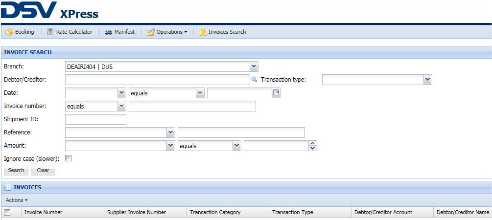 9.0 Online Invoicing The Invoices Search Menu gives direct access to your DSV XPress invoices.