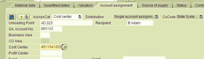 Account Assignment Account Assignment Tab - This is where you indicate to what location
