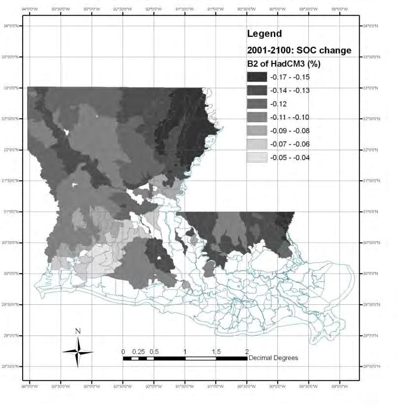 SOC spatial patterns between 2001 and 2100 in Louisiana s