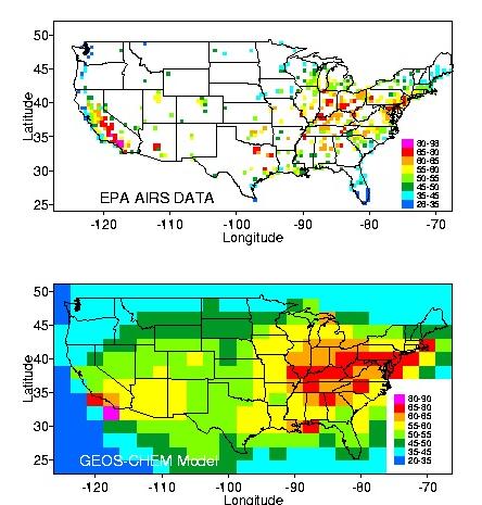 Summer 1995 afternoon (1-5 p.m.) ozone in surface air over the United States AIRS Observations GEOS-CHEM 2ºx2.