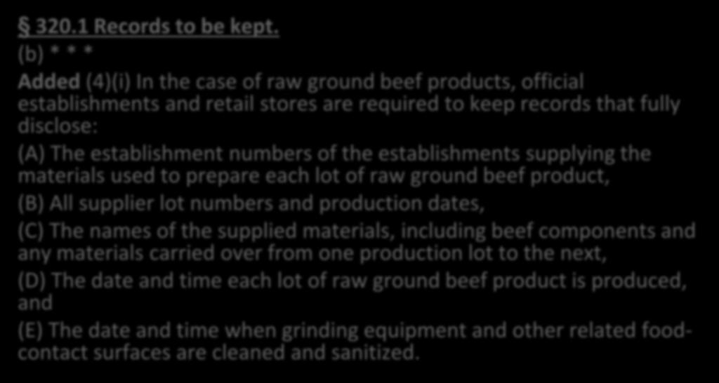Recordkeeping Requirements Grind Raw Beef Products Final Rule (1) Mandatory 320.1 Records to be kept.