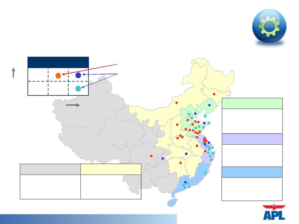 Manufacturing Migration Existing production hotspots lie mainly in coastal areas but new ones are emerging in Bohai Rim and Central China Growth Top 50% Bottom 50% Share Growth Matrix Bottom 50% Top