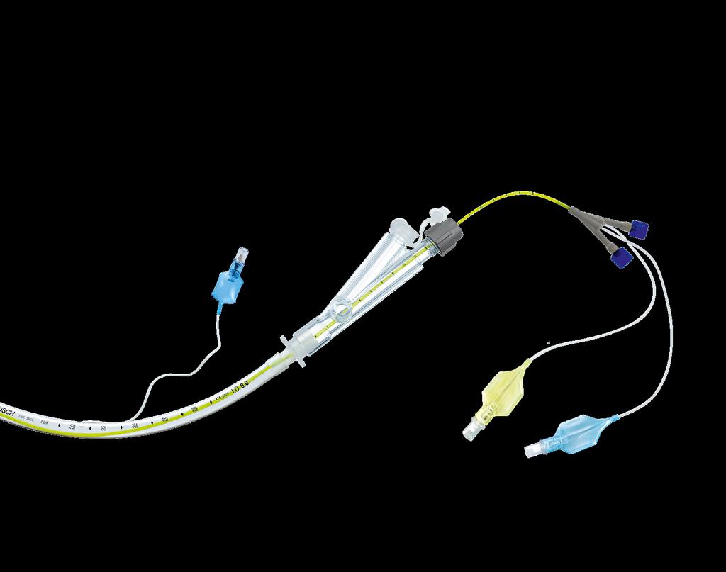 EZ-Multiport Adaptor Facilitates ventilation, EZ-Blocker placement, and the introduction of fibre optic or video bronchoscopes and suction catheters Depth markers Indicate the distance to the distal