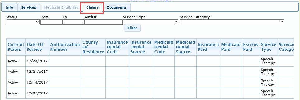 Claims Tab: List of date of services, service types, and current
