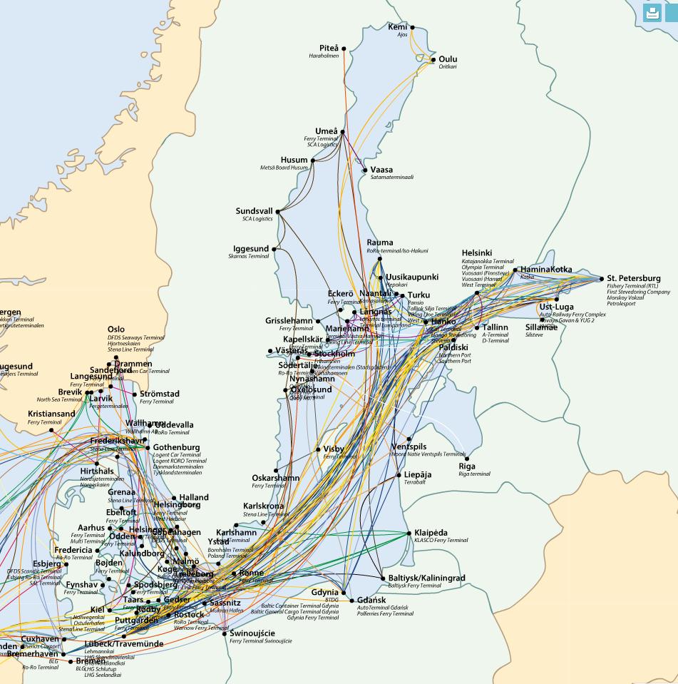 Fig. 11: Ro-Ro and passenger ferries traffic in the Baltic Sea Source: Baltic Transport Maps 15 Taking the transport and trades flows in the Baltic Sea and via the Baltic Sea, it can be stated that