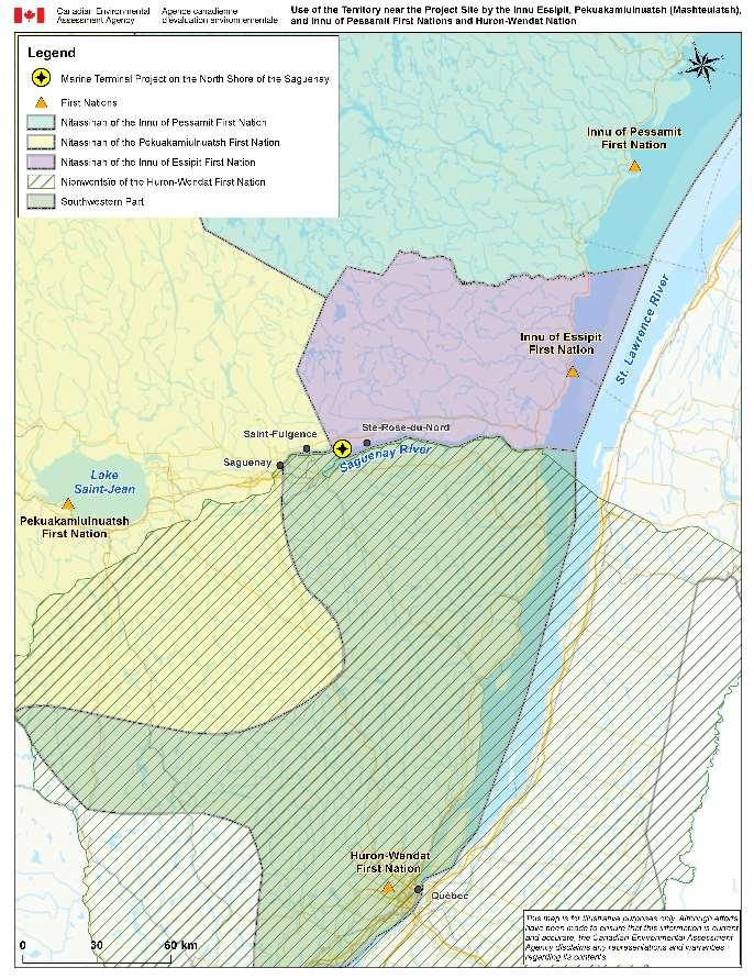 Figure 13 Use of the Territory near the Project Site by the Essipit Innu, Pekuakamiulnuatsh (Mashteuiatsh) and Pessamit First Nations and the Huron-Wendat Nation Source :