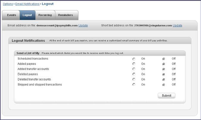 The business user also has several Logout Notifications to choose from.
