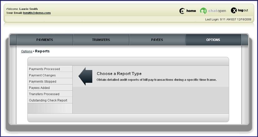 The final function under the Options Tab is Reports. Simply select Reports to access this functionality. After selecting Reports, the business user is diverted to this page.