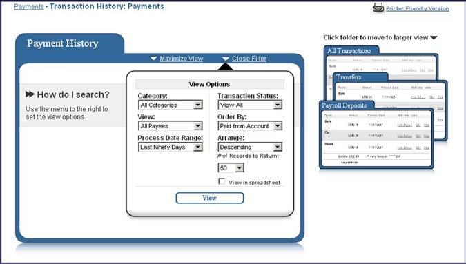 Business users have the ability to view their transaction history in their business product. To view this history, the business user can select the Transaction History button on this screen.