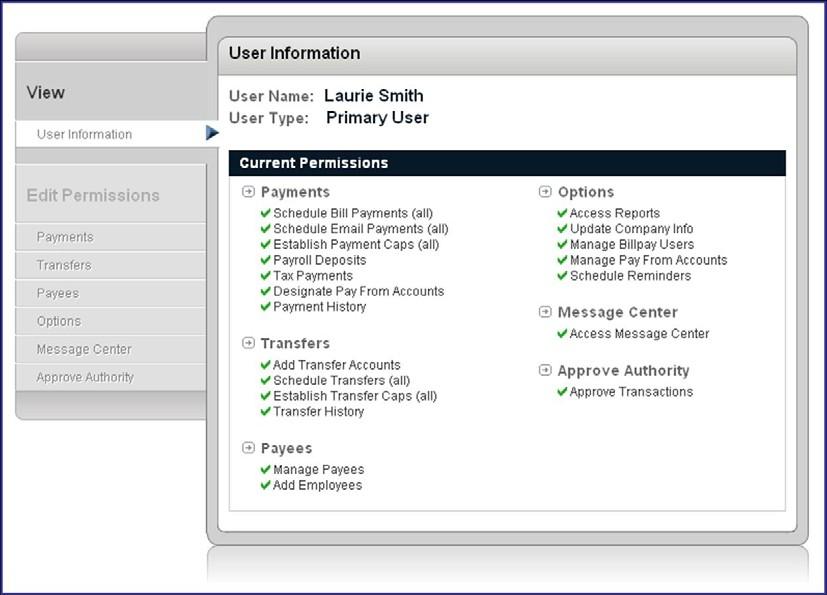 A business user that chooses to Edit Permission Settings will be diverted to a screen such as this. The business user will see the current permissions available to the chosen user.
