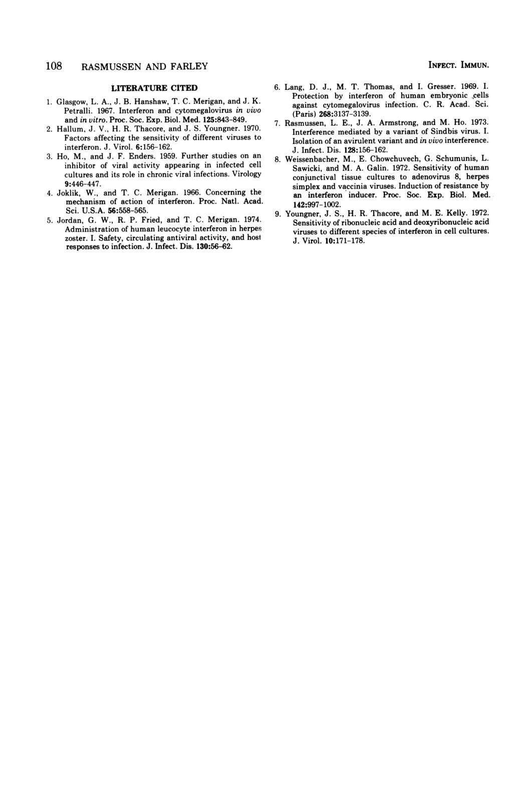 108 RASMUSSEN AND FARLEY LITERATURE CITED 1. Glasgow, L. A., J. B. Hanshaw, T. C. Merigan, and J. K. Petralli. 1967. Interferon and cytomegalovirus in vivo and in vitro. Proc. Soc. Exp. Biol. Med.