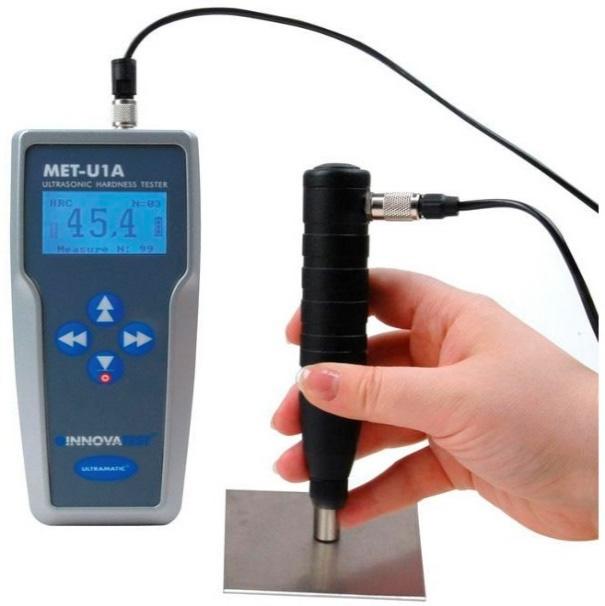 Special Purpose Hardness Tests 1. Ultrasonic Hardness Test: A magnetostrictive diamondtipped rod vibrating at ultrasonic frequencies (> 20kHz)is in contact with the surface at a load of 3.3 kg.