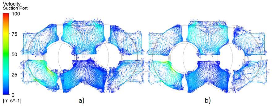 The influence of rotors on the suction port is maintained by transient boundary conditions derived from the solution of velocity field in the single phase flow calculation with the full model.