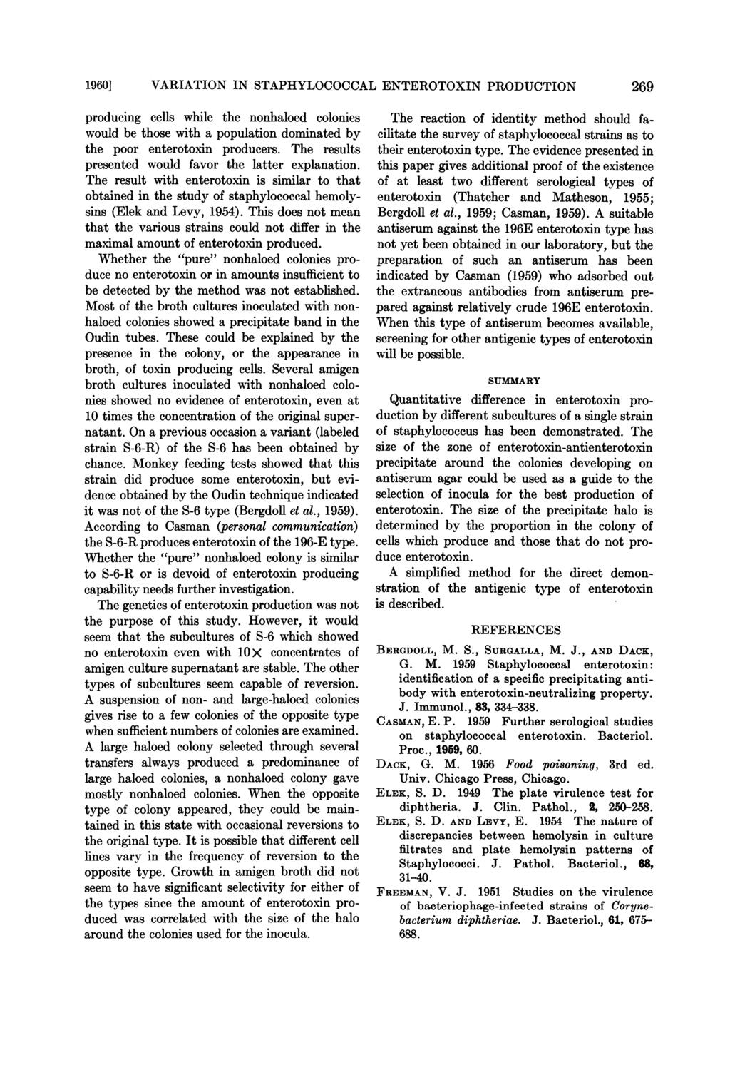 1960] VARIATION IN STAPHYLOCOCCAL ENTEROTOXIN PRODUCTION producing cells while the nonhaloed colonies would be those with a population dominated by the poor enterotoxin producers.