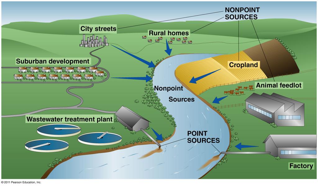Water pollution sources Water pollutants include sources of nitrogen and phosphorous, nutrients, which lead to eutrophication;