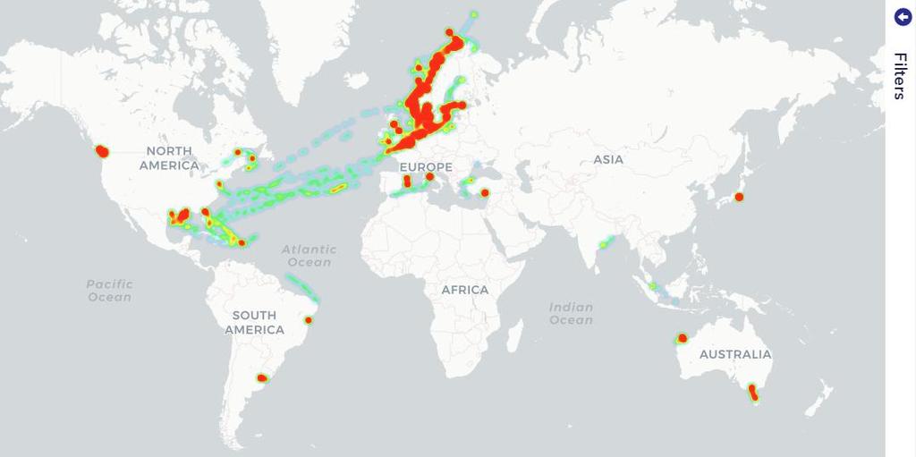 AREAS COVERED BY LNG POWERED VESSELS The heat map is based on the LNG fuelled fleet s AIS positions