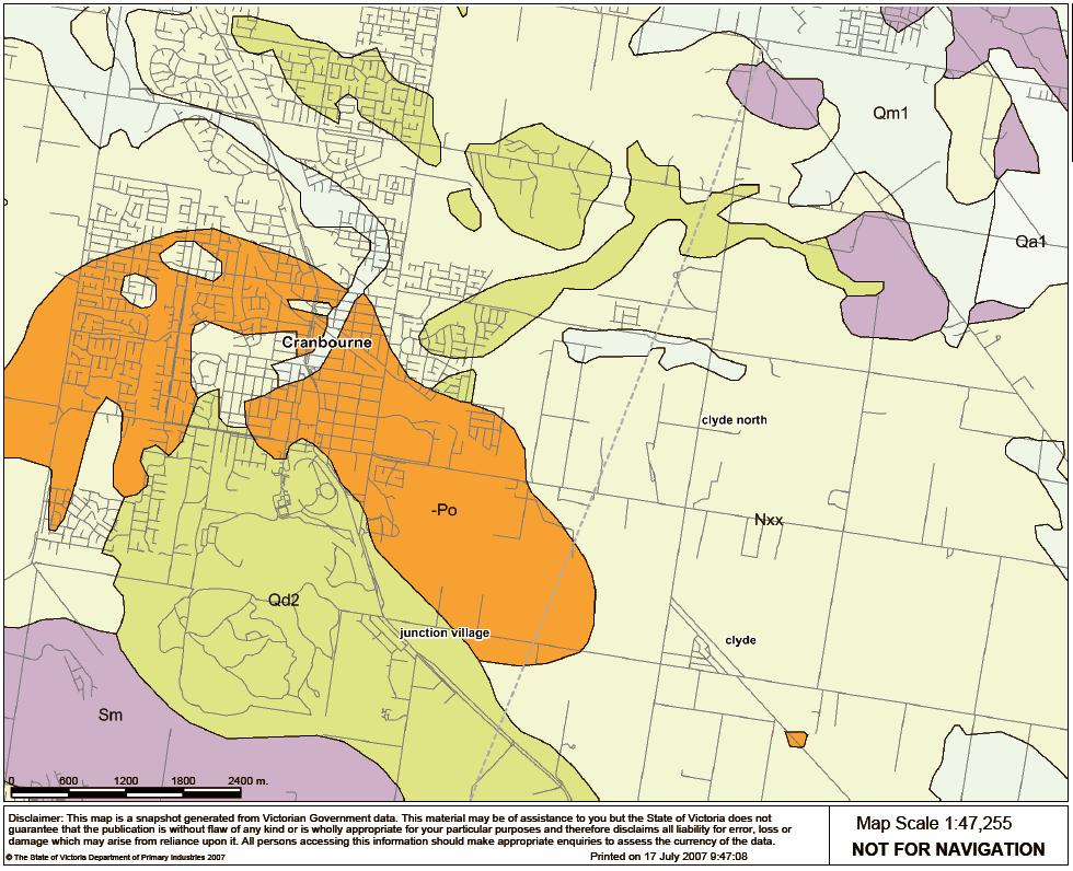Figure 4 Overview of land surface geology at the Cranbourne ast site (derived from Queenscliff 1:250,000 Geological Map, Geological Survey of