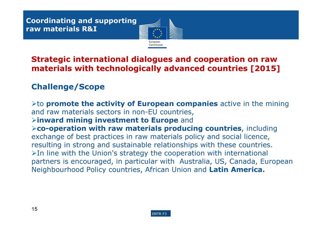 Strategic international dialogues and cooperation on raw materials with technologically advanced countries [2015] Challenge/Scope >to promote the activity of companies active in the mining and raw