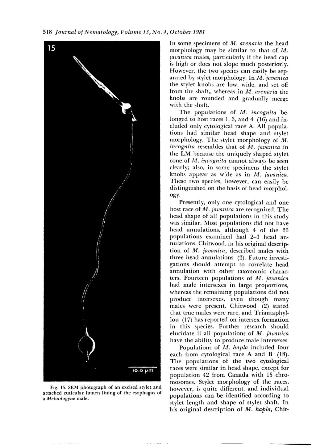 518 Journal of Nematology, Volume 13, No. 4, October 1981 15 / /i ti / /7 ~o.o pm Fig. 15. SEM photograph of an excised stylet and attached cuticular lumen lining of the esophagus of a Meloidogyne male.