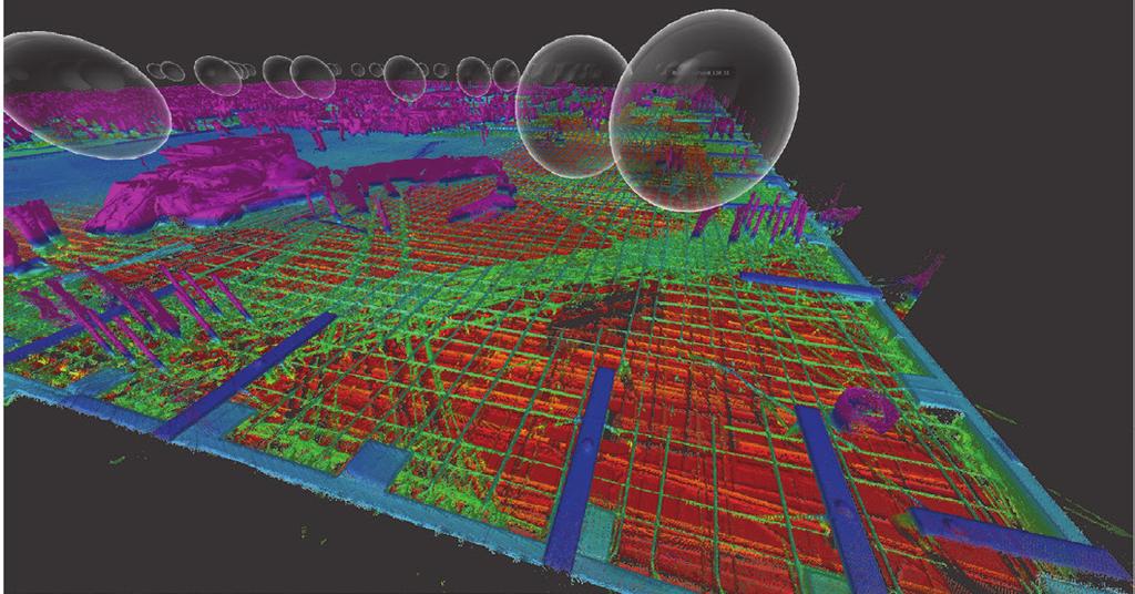 Fig. 10 Detailed scan data showing corner of slab; each sphere represents a scan location. Fig.