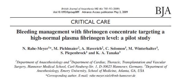 Prospective randomized trial - Looked at 20 elective adult patients for CABG surgery - Patients received either 2 g fibrinogen concentrate or placebo in OR just prior to incision Significantly less