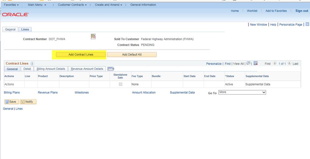 Figure 3 - This is the Add Contract Lines page. 14. Type a name in the Product field.