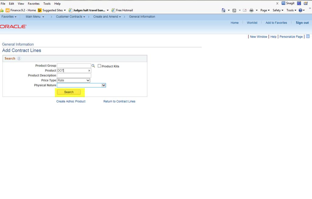 Figure 4 - This is the Add Contracts line where you search for Product. 16. Click. The search results display. 17.