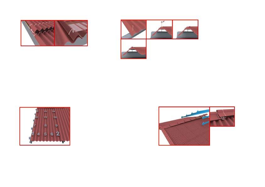 4. Sheet fixing For the end overlap, use minimum 20 cm. For the side overlap, use minimum 1 corrugation. Select the correct type of drill screw to suit purlin type.