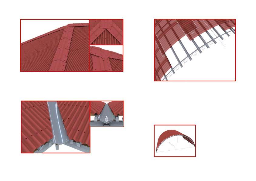 6. Hips 8. Curved roofs Fix the hip before the ridge. Fasten the ridge to the purlins. Overlay and clean the ridges if necessary. 7.