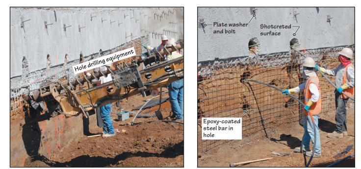 8) A second layer of shotcrete may be used if the soil-nailed wall is the finished wall, or a cast-in-place concrete wall may be constructed against it.
