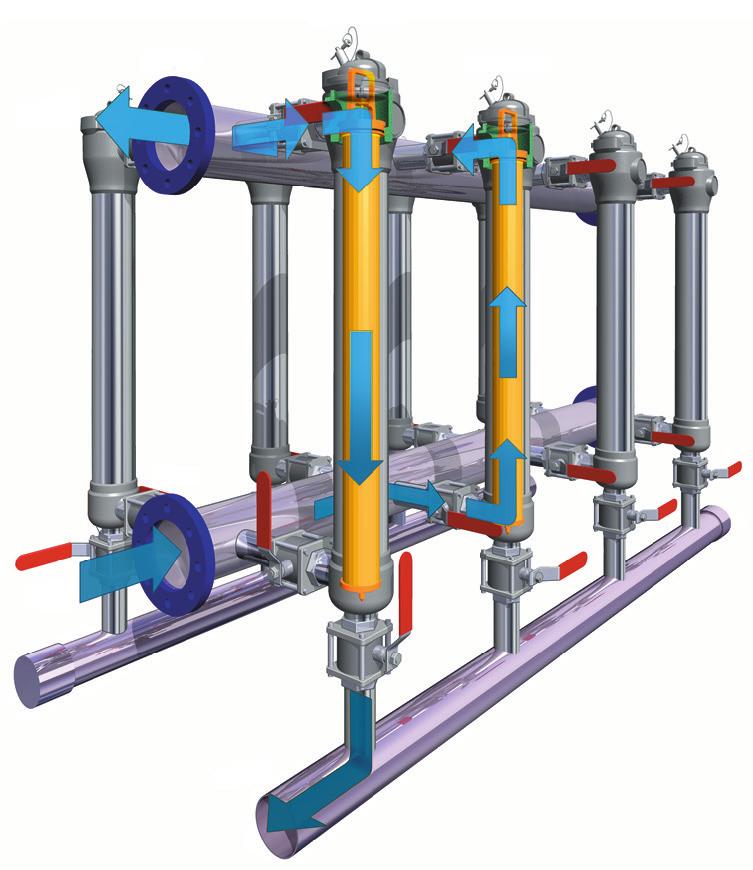 MegaFlo Backwash System Internal backwash systems Flow enters through the bottom inlet header and is distributed equally through each filter barrel.