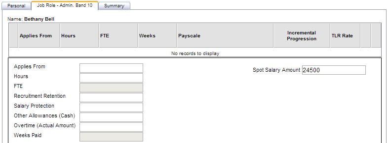 Spot Salaries If you checked the Spot Salary checkbox on the personal tab, the pay scale point drop down will be replaced with a field to enter an amount.