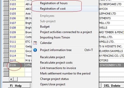 Recalculate project Recalculate project cost Link transactions to invoice Mark settlement number to the period Change project status Open/close project Create project invoice form.