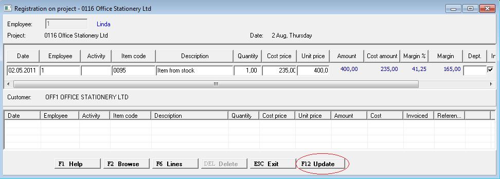 On-project transactions Registration of cost (items) Select the project (project 0116), then F5 Menu,