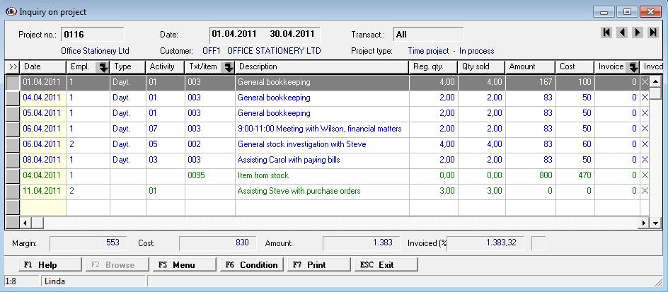9. View posted transactions Inquiries show the transactions of the selected project, employee, supervisor, customer or activities.