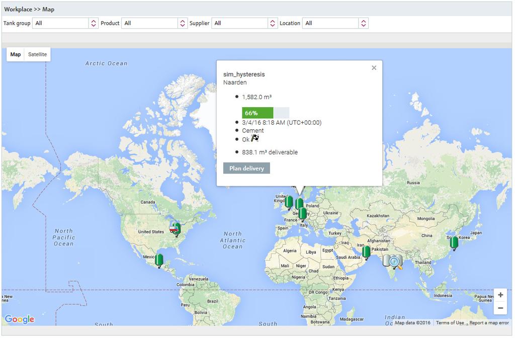 Viewing tank locations on the map Map workplace You can use the Map workplace to get an overview of the locations of the individual tanks on Google Maps.