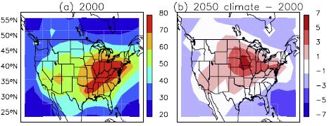 CLIMATE CHANGE ALONE DEGRADES MEAN AQ IN THE US Climate change causes a 2 5 ppb positive offset over the Midwest and