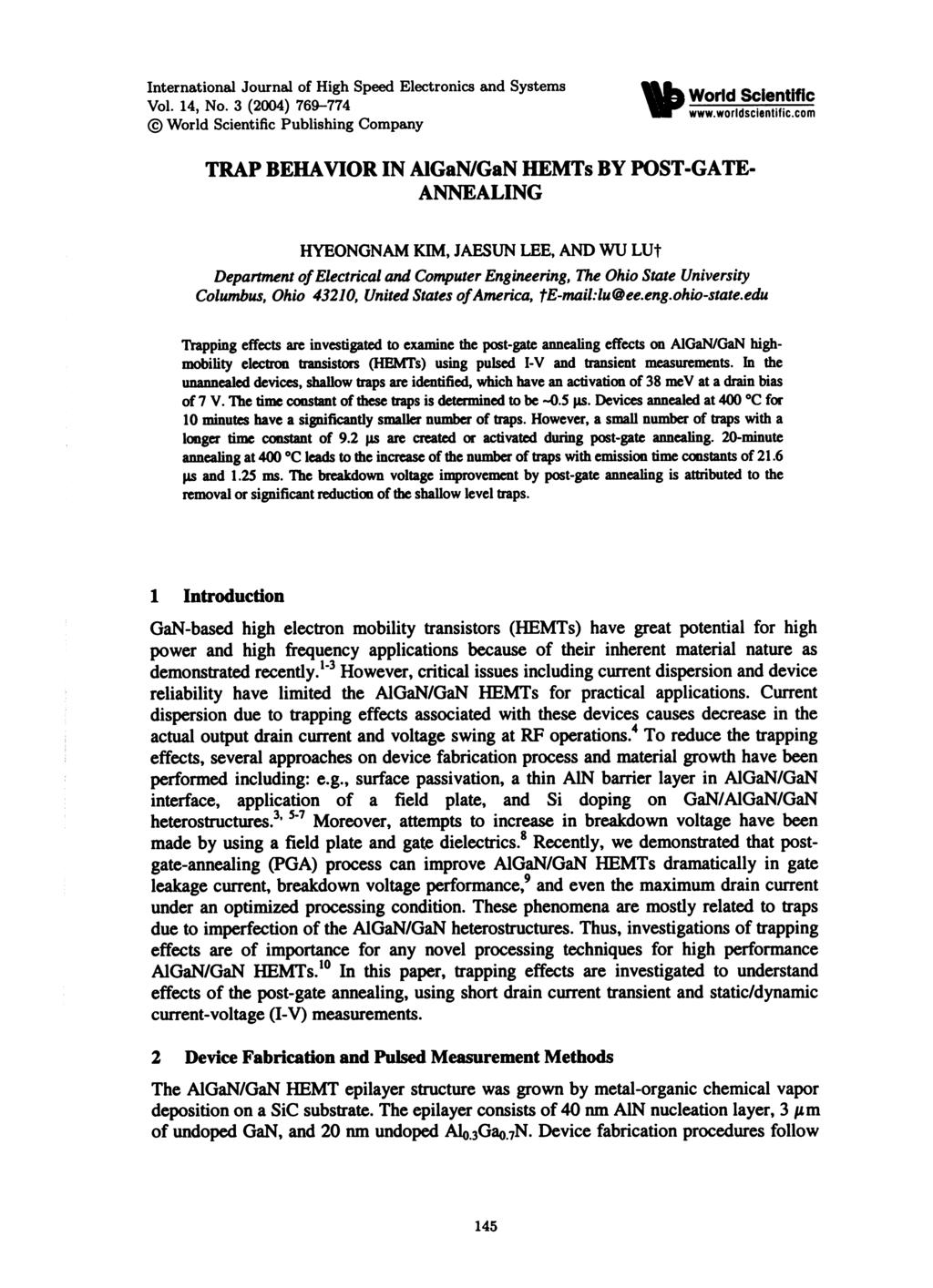 International Journal of High Speed Electronics and Systems Vol. 14, No. 3 (2004) 769774 ( World Scientific Publishing Company World Scientific wwwworldscientific.