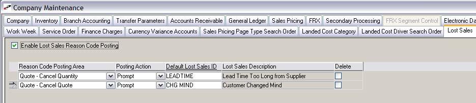 Lost Sales Reason Codes for Quotes Lost quotes can be stored and