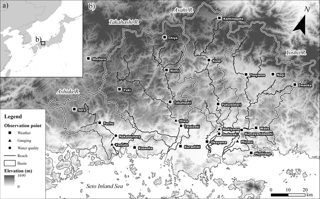 40 Y. Shimizu et al.: Impact analysis of the decline of agricultural land-use on flood risk Figure 1. Location of the study watersheds (a) and observed monitoring stations (b).