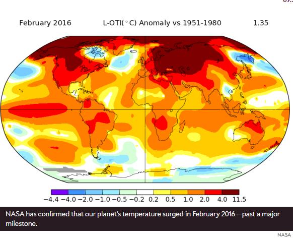 Global Warming Update, March 12, 2016: Data released from NASA confirm that February 2016 was not only the most unusually warm month ever measured globally, at 1.