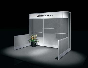 FREE STANDING COUNTER EXHIBIT PACKAGE 2B - Free Standing Counter Exhibit Includes the Following: (6) White Shelves (3) 39 x 36 Storage Cabinet (3) Stem Light (1) 115 3/4 x 9 1/2 Header Includes